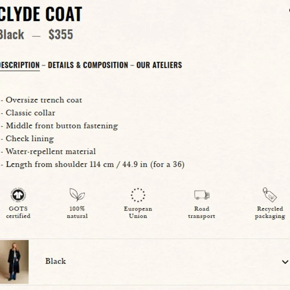 Sezane Clyde Coat Black - Size 10 - Picture 5 of 9